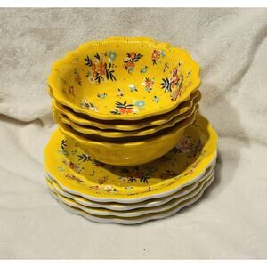 Pioneer Woman Vtg Ditsy Yellow Spring Floral Melamine Appetizer Plates & Bowls 4